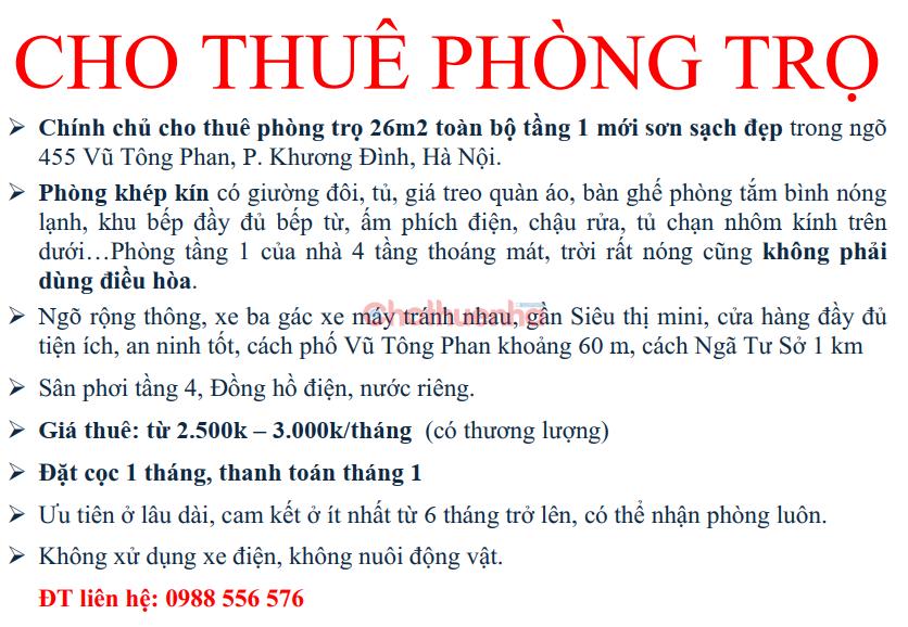 CC CHO THUÊ 26M2 CẢ TẦNG 1 - NGÕ 455 VŨ TÔNG PHAN