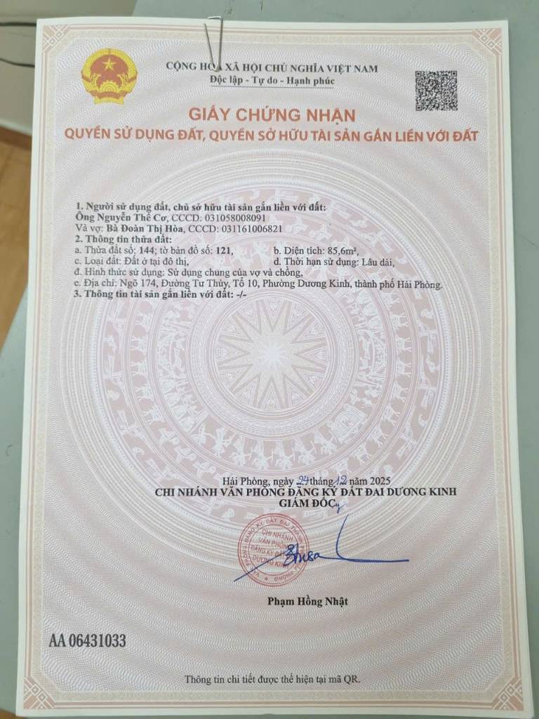 Bán lô đất tại Tư Thủy, Hòa Nghĩa, Dương Kinh, Hải Phòng, dt 85.6 m², giá 2,4 tỷ
