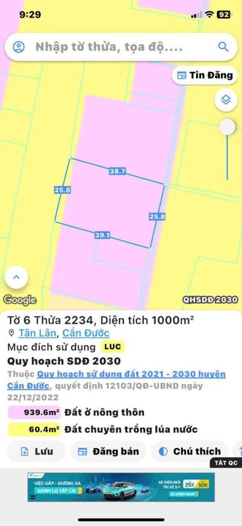 Bán đất thổ lúa Đường 19/5, Cần Đước, 1000m2 hẻm xe máy, giá rẻ xả cuối năm 1,35 tỷ