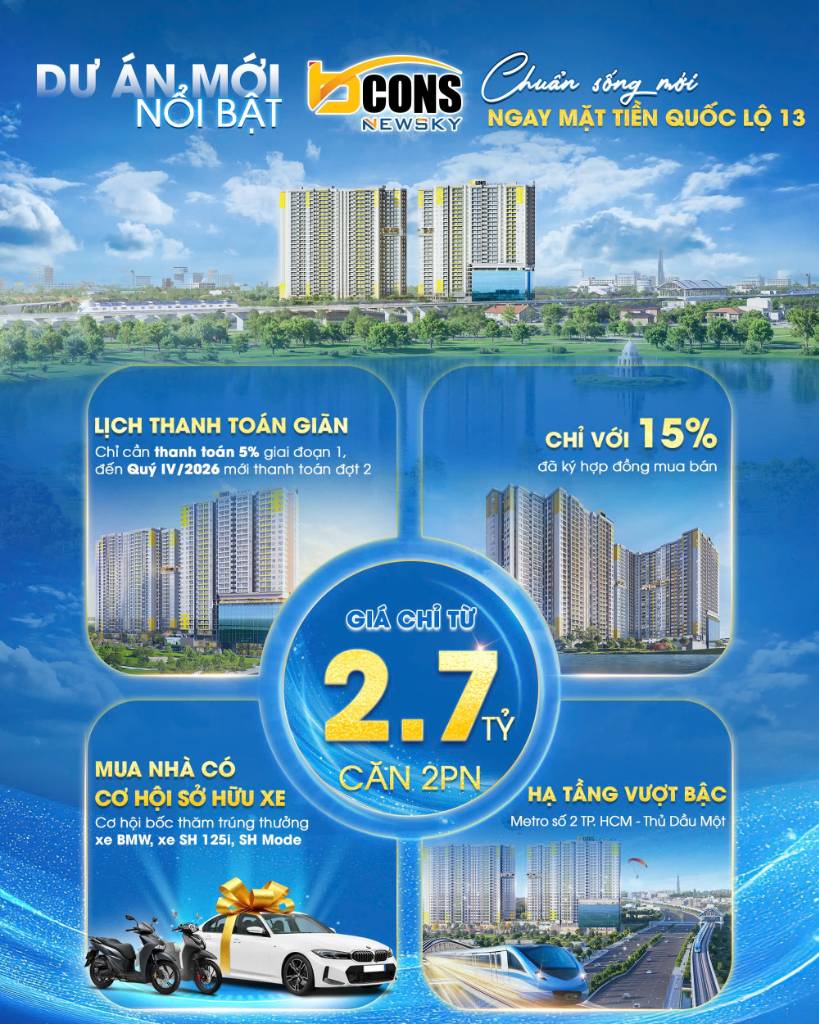 Bán căn hộ 2PN Bcons New Sky, mặt tiền quốc lộ 13, ngay Ga Metro, giá 2,94 tỷ