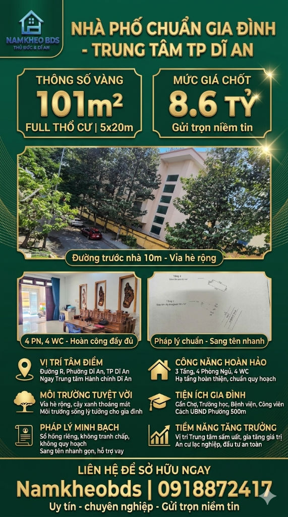 Bán nhà trung tâm hành chính Dĩ An, Bình Dương 101m² 4 phòng ngủ giá 8.6 tỷ
