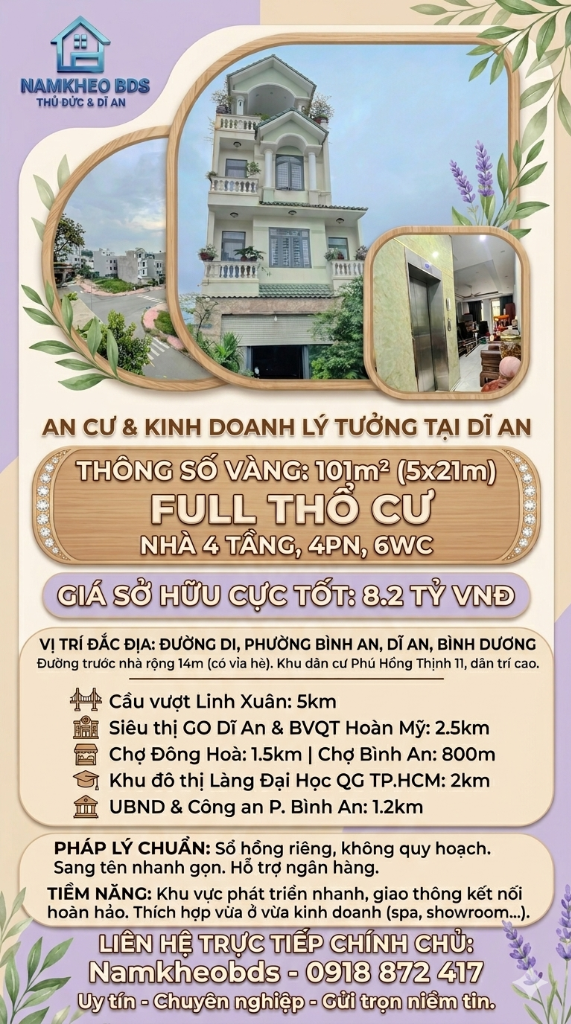 BÁN NHÀ NGAY PHÚ HỒNG THỊNH 9, DĨ AN, KHÔNG GIAN SỐNG LÝ TƯỞNG, 101M2 4 TẦNG 4PN, GIÁ 8.2 TỶ