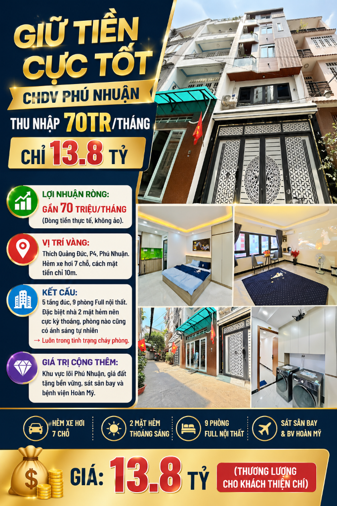 BÁN CHDV THÍCH QUẢNG ĐỨC PHÚ NHUẬN, GIỮ TIỀN CỰC TỐT, THU NHẬP 70TR/THÁNG, CHỈ 13.8 TỶ