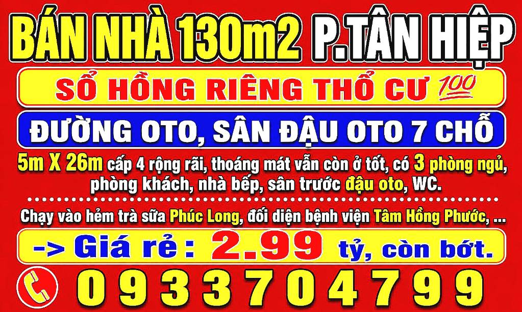 BÁN NHÀ 130m2 P.TÂN HIỆP, BIÊN HÒA, ĐỒNG NAI, SỔ HỒNG RIÊNG THỔ CƯ, ĐƯỜNG OTO, SÂN ĐẬU OTO 7 CHỖ