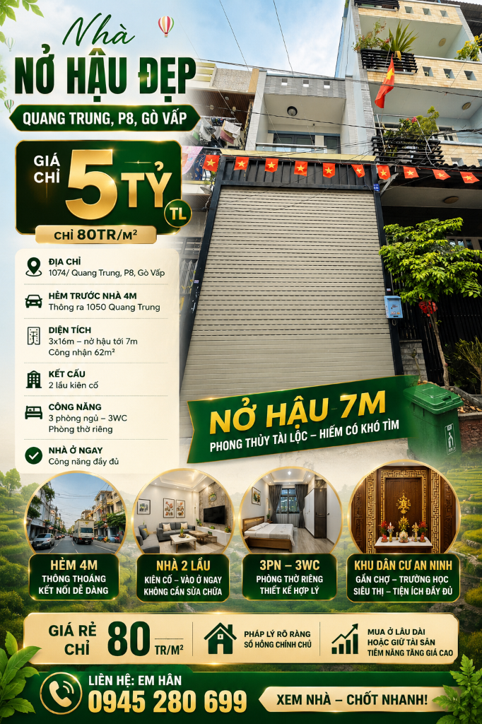 BÁN NHÀ 1074 QUANG TRUNG GÒ VẤP, 3X16M CN 62M2 NỞ HẬU 7M, 2 LẦU 3PN, HXH 4M CHỈ 5 TỶ TL