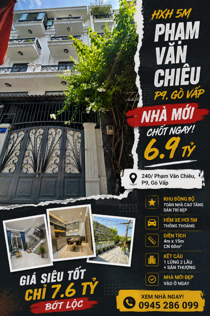 BÁN NHÀ HXH 240 PHẠM VĂN CHIÊU GÒ VẤP, 4X15M CN 65M2 4 TẦNG SÂN THƯỢNG, KHU ĐỒNG BỘ, CHỈ 7.6 TỶ TL
