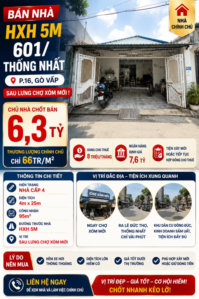 NGỘP BANK, BÁN GẤP NHÀ HXH 601 THỐNG NHẤT GÒ VẤP, 4X25M CN 95M2 CHỈ 66TR/M2, CHO THUÊ 10TR/THÁNG