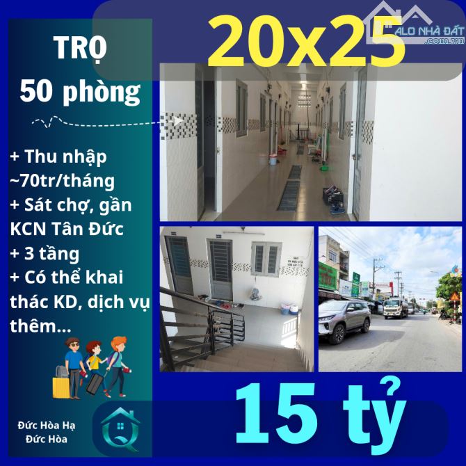 Trọ 20x25 có 50 phòng thu ~ 70 tr/tháng. Gần KCN Tân Đức. PCCC giá 15 tỷ