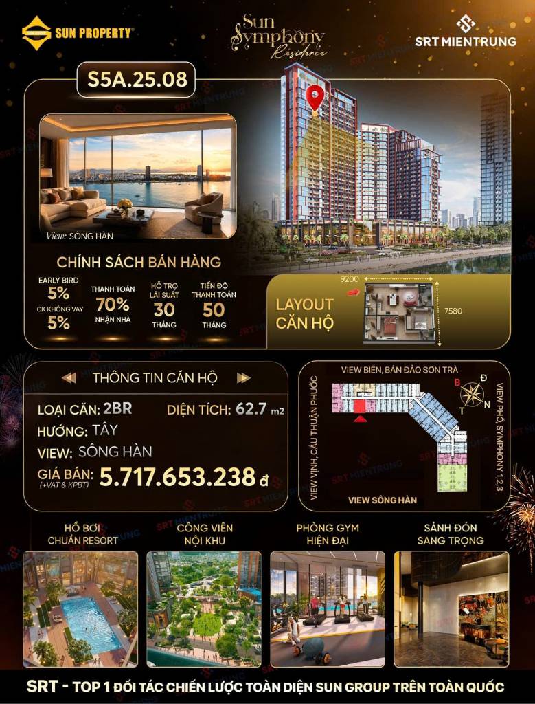 BÁN CĂN HỘ SUN SYMPHONY RESIDENCE 5, CĂN S5A.25.08 2PN VIEW SÔNG HÀN GIÁ 5,7 TỶ
