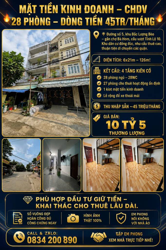 BÁN TÒA CHDV ĐƯỜNG SỐ 5 BÌNH TÂN, MẶT TIỀN KINH DOANH, 28 PHÒNG, DÒNG TIỀN 45 TRIỆU