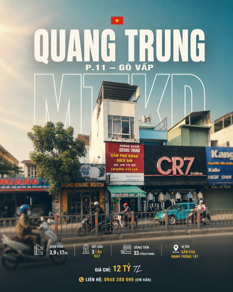 BÁN NHÀ MẶT TIỀN QUANG TRUNG GÒ VẤP, 3,9X17M CN 65M2 4 TẦNG, CHO THUÊ 33TR/THÁNG, GIÁ 12 TỶ TL