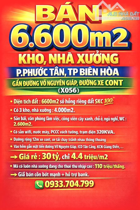 BÁN 6600m2 KHO, NHÀ XƯỞNG P.PHƯỚC TÂN, BIÊN HÒA, ĐỒNG NAI GẦN VÕ NGUYÊN GIÁP, SỔ SKC 💯