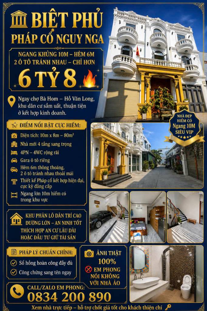 BIỆT THỰ HỒ VĂN LONG, BÌNH TÂN, PHÁP CỔ NGUY NGA, DT 80M2, GIÁ 6,8 TỶ