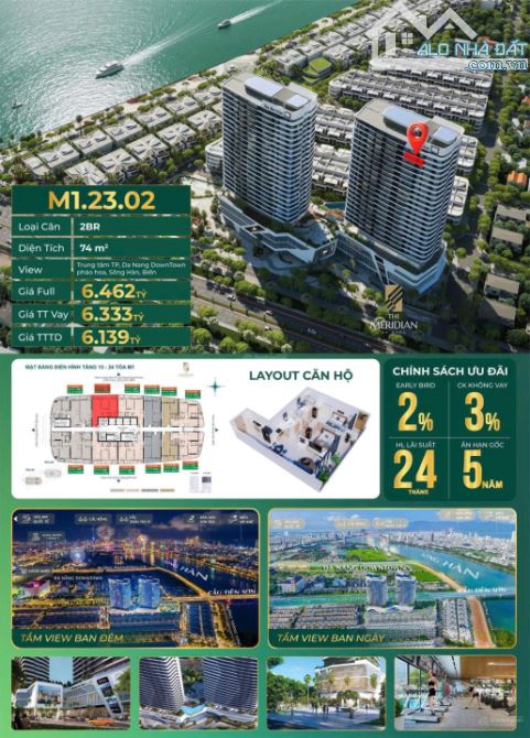 Bán căn hộ 2PN tầng cao The Meridian, view trọn Đà Nẵng Downtown, pháo hoa, sông Hàn, biển