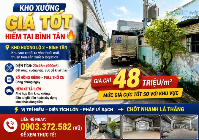 KHO XƯỞNG GIÁ TỐT HƯƠNG LỘ 2 HIẾM TẠI BÌNH TÂN 900M2