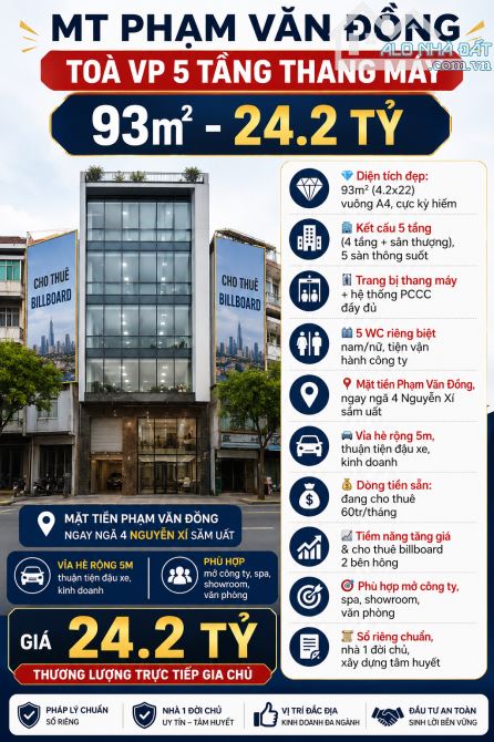 MT PHẠM VĂN ĐỒNG - TOÀ VP 5 TẦNG THANG MÁY 93m2 - 24.2 TỶ