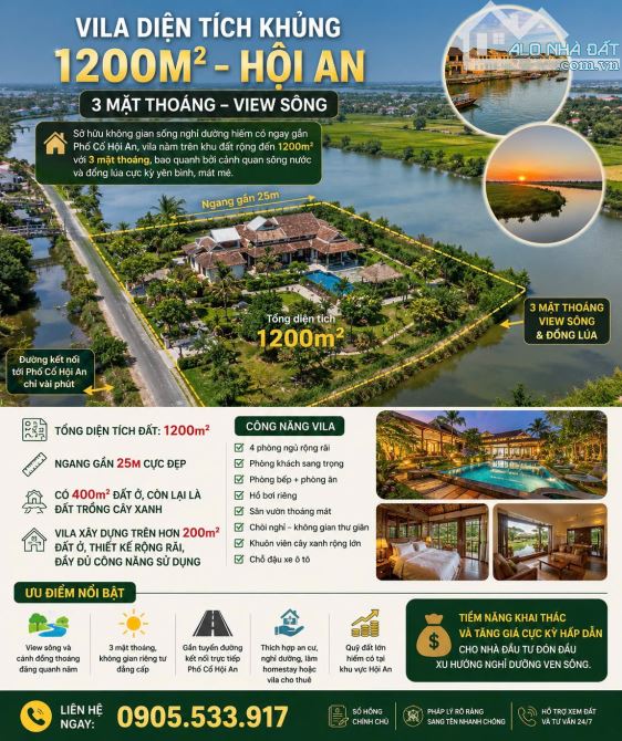 🌿 VILA DIỆN TÍCH KHỦNG 1200M² – HỘI AN – 3 MẶT THOÁNG – VIEW SÔNG 🌿 🏡