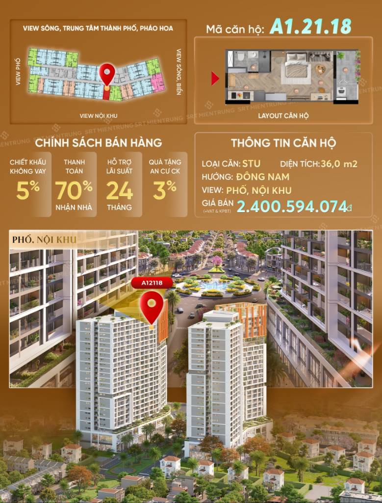 BÁN CĂN STUDIO SUN CORA TOWER, ĐÀ NẴNG, CHỈ 1 TỶ 7 KHI THANH TOÁN NHANH