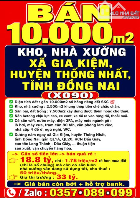 BÁN RẺ 10000m2 KHO, NHÀ XƯỞNG XÃ GIA KIỆM, HUYỆN THỐNG NHẤT, TP ĐỒNG NAI, GẦN QL1A, QL20
