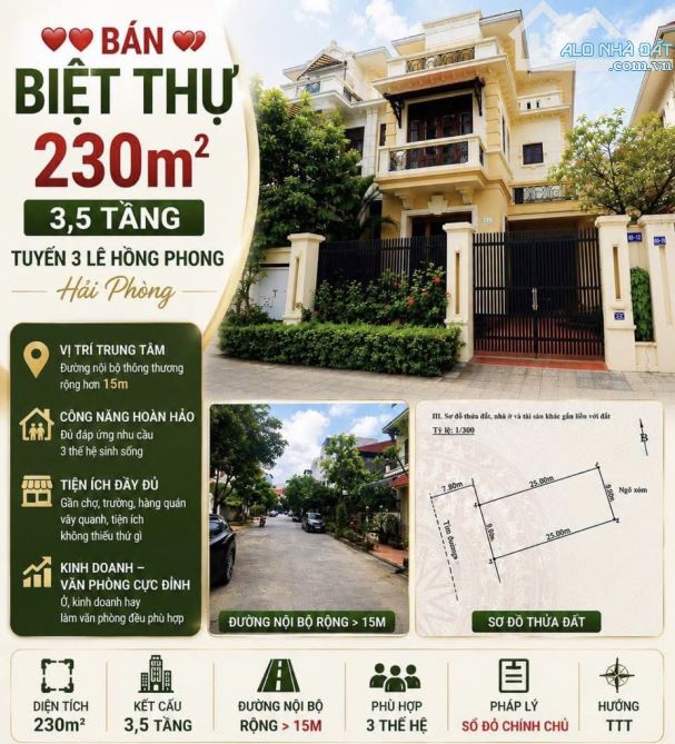 Biệt thự 3.5 tầng tuyến 3 Lê Hồng Phong - 225m2 ngang 9m - Đường 15m cả vỉa hè