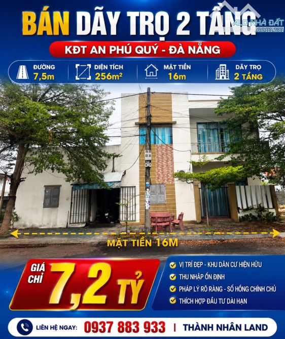 🏠BÁN DÃY TRỌ 2 TẦNG KĐT AN PHÚ QUÝ-ĐIỆN NGỌC, ĐƯỜNG 7,5m, 256m2, NGANG 16m, 7,2 TỶ.