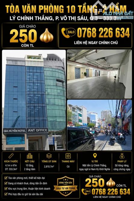 Tòa văn phòng 10 tầng, 2 hầm. Lý Chính Thắng, P. Võ Thị Sáu, Q.3. 333.3m². 💰250 🧄