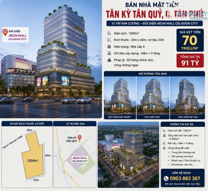 Bán nhà MT Tân Kỳ Tân Quý, Tân Phú- 20x63m (NH25m) 1300m2 - CTXD Hầm 8 tầng- Giá 90,5 tỷ: