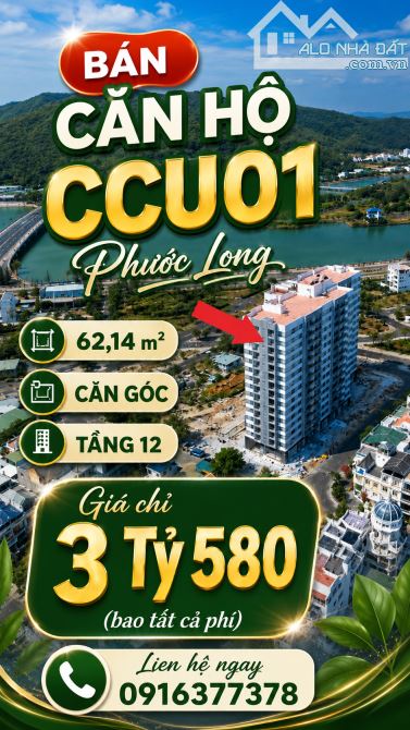 BÁN CĂN HỘ CCU01 PHƯỚC LONG, 62,14m2, CĂN GÓC, TẦNG 12, Giá 3 Tỷ 580 (bao tất cả)