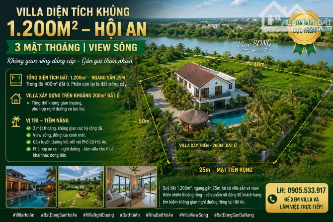 VILLA DIỆN TÍCH KHỦNG 1.200M² – HỘI AN | 3 MẶT THOÁNG | VIEW SÔNG 🌿