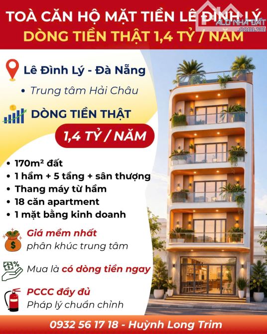 TÒA CĂN HỘ LÊ ĐÌNH LÝ. THIỆN CHÍ BÁN, RẺ BẤT NGỜ. 22 TỶ. 170M2. 800 M2 SÀN. 18 APARMENT
