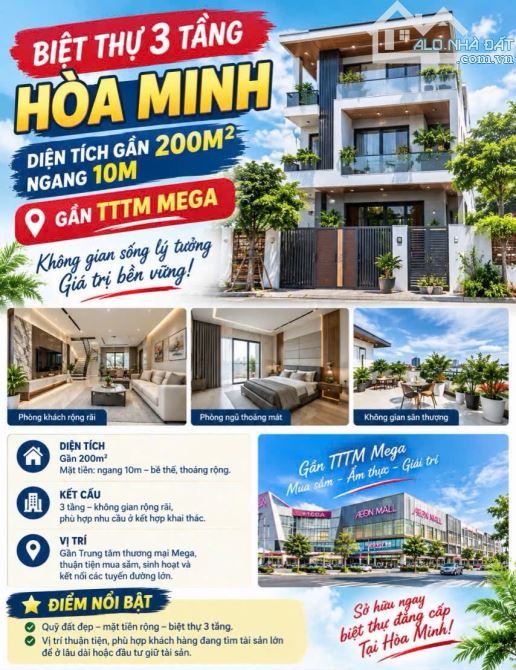 BIỆT THỰ 3 TẦNG HÒA MINH – ĐÀ NẴNG. DIỆN TÍCH GẦN 200M² – NGANG 10M – GẦN TTTM MEGA