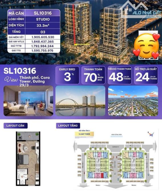 🔥 STUDIO S-LIGHT TOWER – 33,3M² | GIÁ TỪ 1,59 TỶ | VIEW THÀNH PHỐ & CORA TOWER 🔥