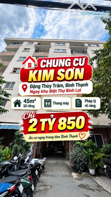 Bán CC Kim Sơn 1, Bình Lợi ,Đặng Thùy Trâm 45m2 có thang máy Sổ riêng 2.85tỷ