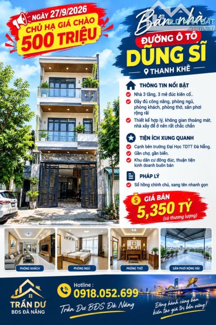 HẠ GIÁ 500 TRIỆU NGÀY 27/9/2026 – BÁN NHÀ 3 TẦNG ĐƯỜNG 5M, DŨNG SĨ THANH KHÊ, ĐÀ NẴNG