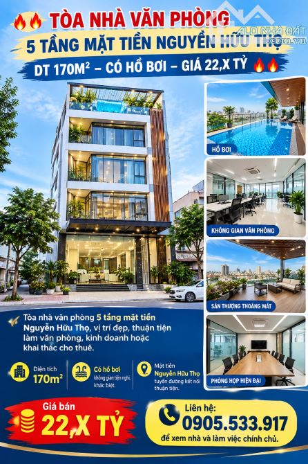 🔥🔥 TÒA NHÀ VĂN PHÒNG 5 TẦNG MẶT TIỀN NGUYỄN HỮU THỌ – DT 170M² – CÓ HỒ BƠI – GIÁ 22,X TỶ