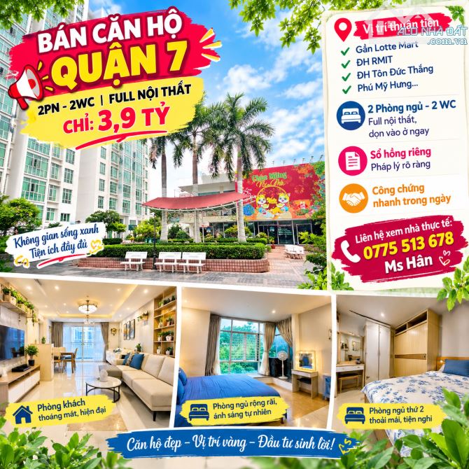 Bán căn hộ quận 7, 2PN-2wc, SHR, chỉ: 3.9 tỷ