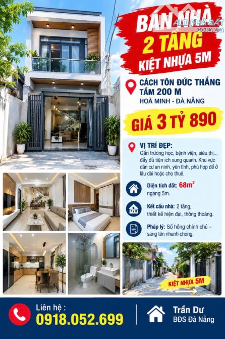 BÁN NHÀ 2 TẦNG HÒA MINH – KIỆT NHỰA 5M – GẦN TÔN ĐỨC THẮNG – 68M² – GIÁ 3 TỶ 890 🏡 BÁN N