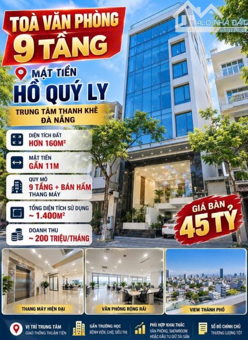 TOÀ VĂN PHÒNG 9 TẦNG MẶT TIỀN HỒ QUÝ LY – DT HƠN 160M² – DOANH THU 200 TRIỆU/THÁNG .
