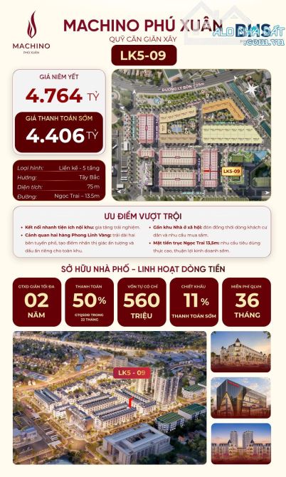 Liền kề Machino Phú Xuân giá trực tiếp từ chủ đầu tư LK5-09: giá thanh toán sớm chỉ 4,406