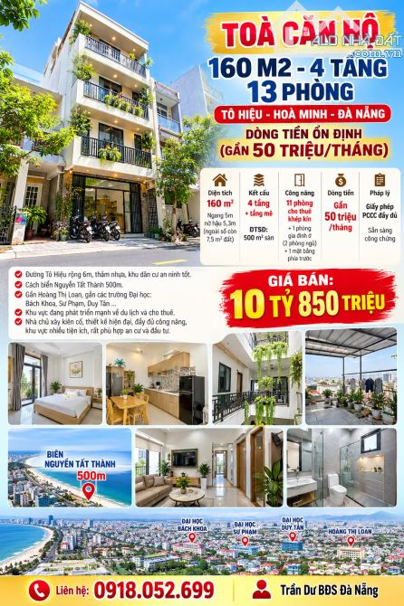 TOÀ CĂN HỘ 4 TẦNG – 160M² – 13 PHÒNG CHO THUÊ. TÔ HIỆU, HOÀ MINH, ĐÀ NẴNG. 10 TỶ Xx.