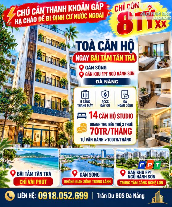 TÒA CĂN HỘ 5 TẦNG THANG MÁY – 14 STUDIO – DÒNG TIỀN 70TR/THÁNG. BIỂN TÂN TRÀ, NGŨ HÀNH SƠN
