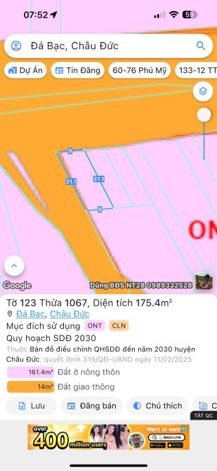 ĐẤT ĐÁ BẠC CHÂU ĐỨC GIÁ 2 TỶ , 2MẶT TIỀN ĐƯỜNG 32M , ĐẤT LỚN NGANG 9M