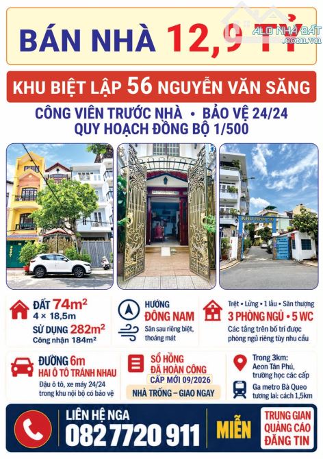 CHÍNH CHỦ BÁN NHÀ KHU BIỆT LẬP 56 NGUYỄN VĂN SĂNG, P.Tân Sơn Nhì, Q.Tân Phú (cũ)