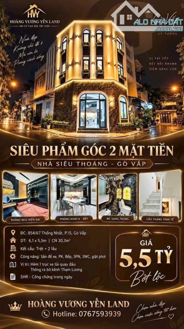 5,5 TỶ GIẢM 350TR Căn GÓC HAI MẶT Hẻm Xe Hơi P.15 Gò Vấp