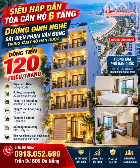 TÒA CĂN HỘ 6 TẦNG DƯƠNG ĐÌNH NGHỆ – SÁT BIỂN PHẠM VĂN ĐỒNG – DÒNG TIỀN 120 TRIỆU/THÁNG