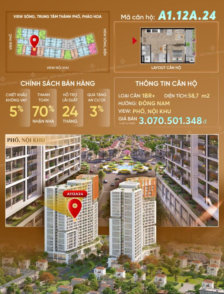 BÁN CĂN HỘ SUN CORA TOWER, CĂN 1PN+ , 54M2 , CHỈ 2,5 TỶ KHI THANH TOÁN NHANH, GIÁ TỪ CĐT