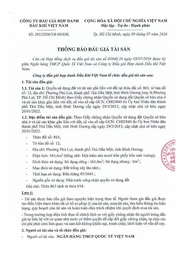 Bán nhà tại Phường Phú Lợi, thành phố Thủ Dầu Một, tỉnh Bình Dương