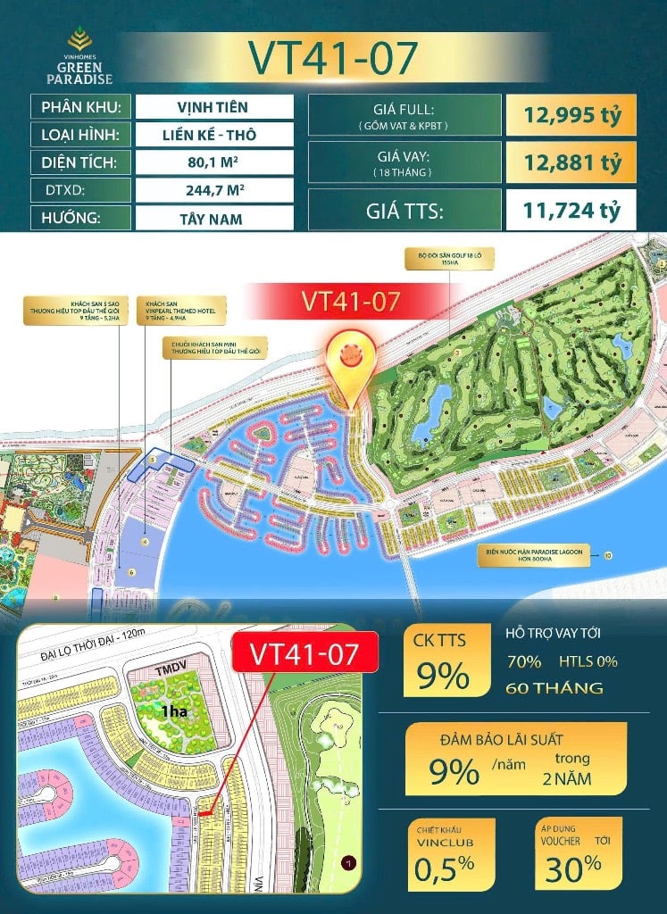 Bán nhà phố liền kề Vinhomes Green Paradise, Cần Giờ, 80m² sát sân golf 155ha