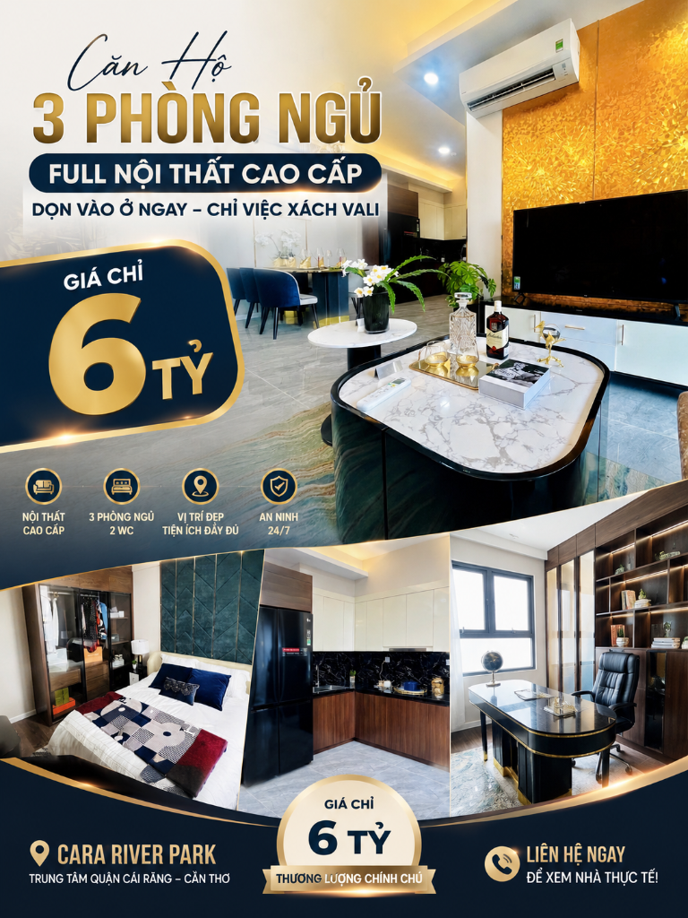 Bán căn hộ Cara River Park Cái Răng, dt 85m2 3PN 2WC tặng nội thất, giá 6 tỷ
