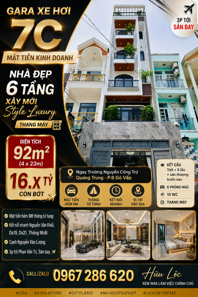 Bán nhà Quang Trung, Gò Vấp, 4x23m 6 tầng thang máy, đường thông 8m, giá 16 tỷ